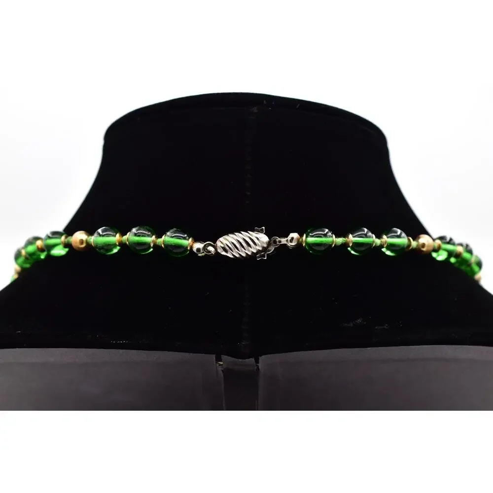 Vintage Artisan Glass Beaded Necklace Green Leaf Gold Fall Autumn 1980s BinBL